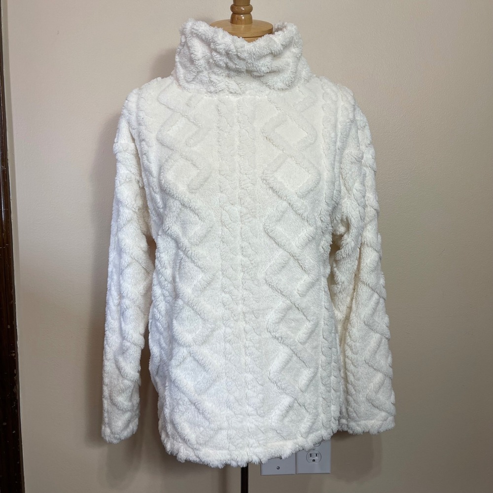 NEW Eddie Bauer Women Ivory Cable Fleece Pullover Ultrasoft Sweater S